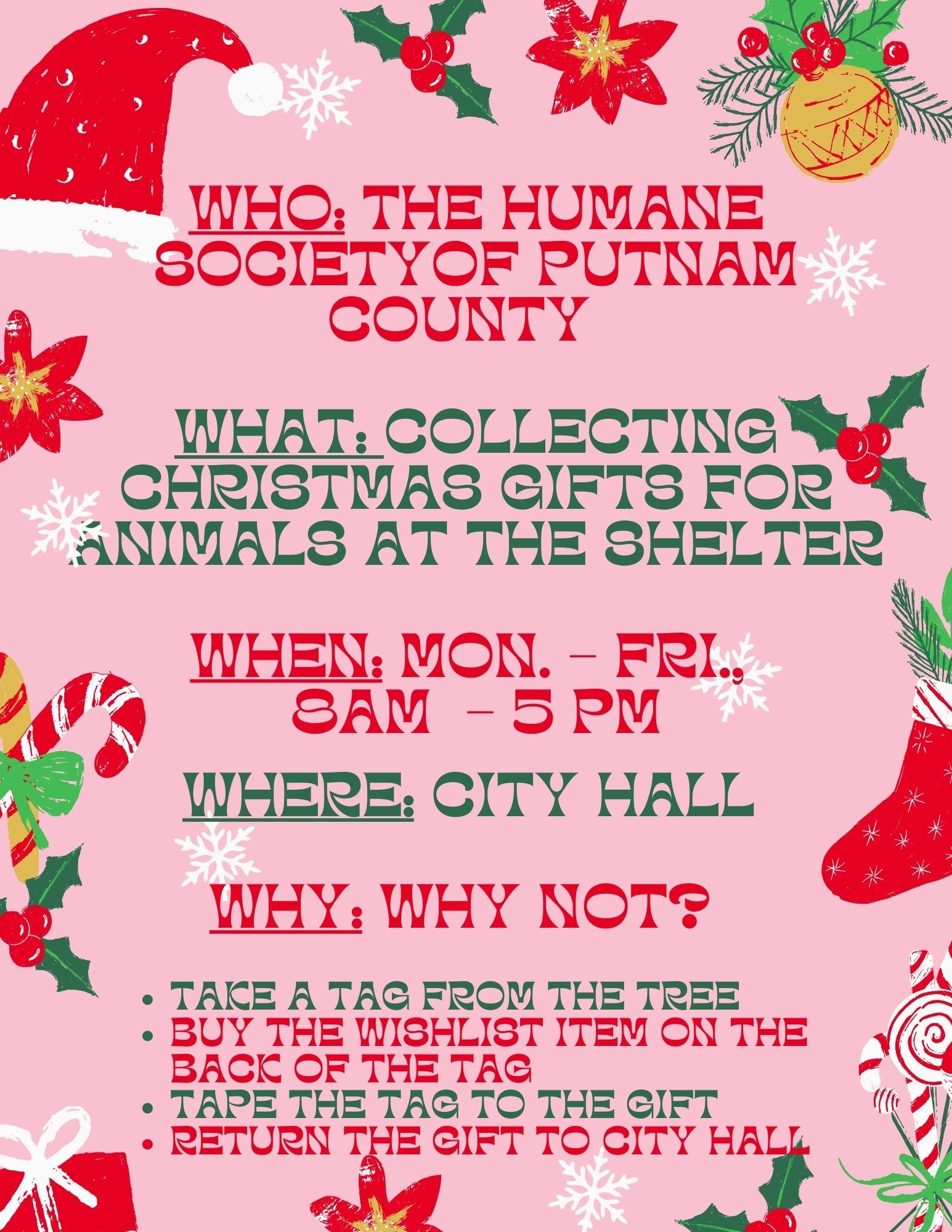 Red Pink Green Colorful Vibrant Holiday Flyer Advertising Collecting Gifts for the Animal Shelter