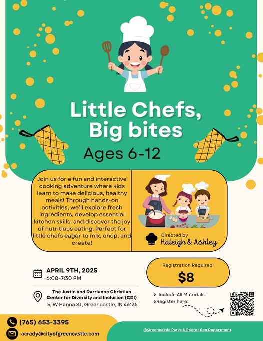 Chef cooking on a cooking flyer for an upcoming kids' cooking class