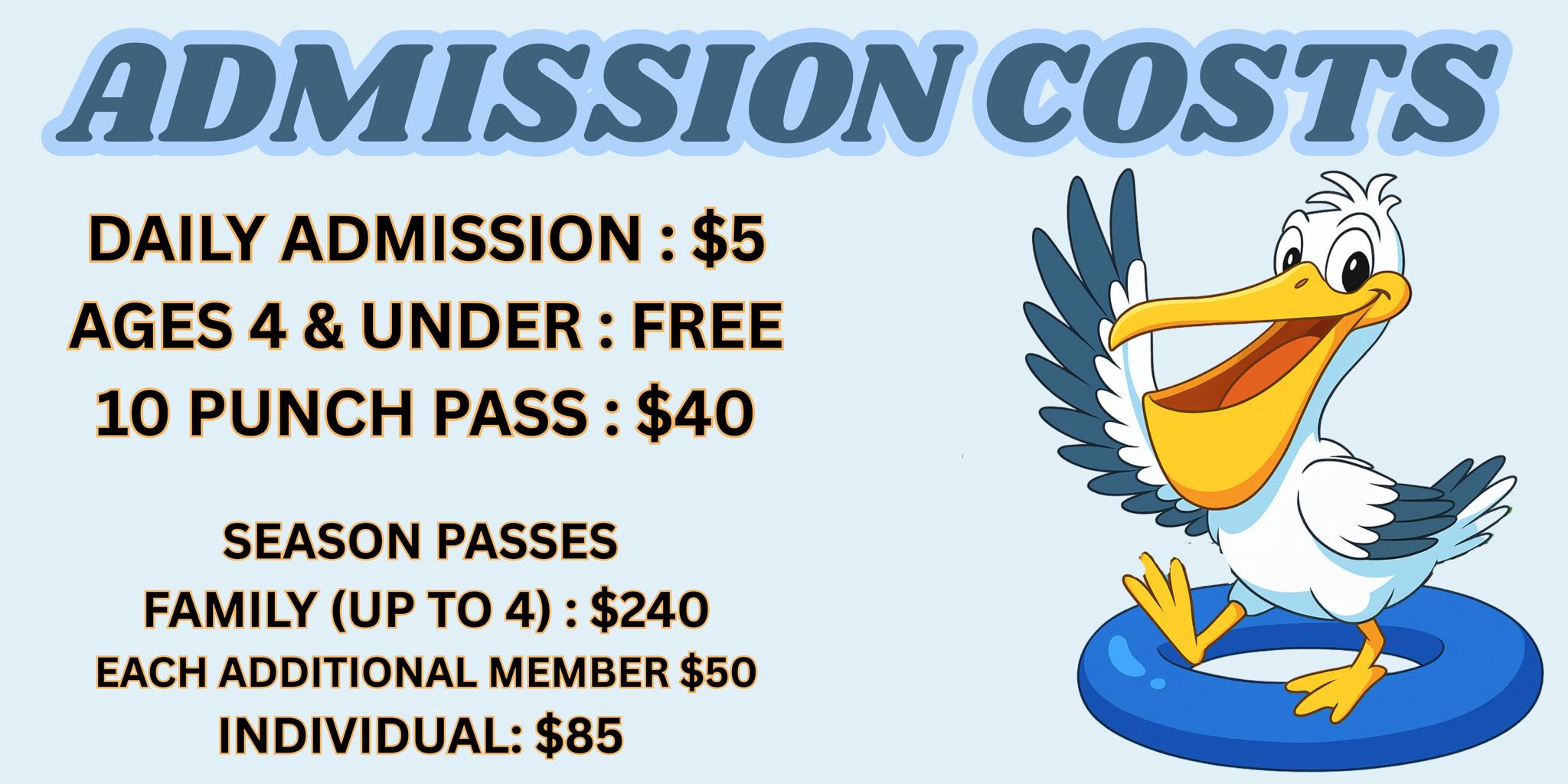 Admission Prices for the Greencastle Aquatic Center's 2025 season. 